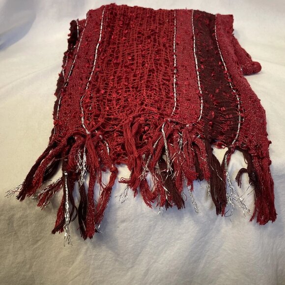 Statement Scarf Burgundy Mesh Knit with Shimmering Silver and Fringe 75" x 20" - Picture 6 of 8
